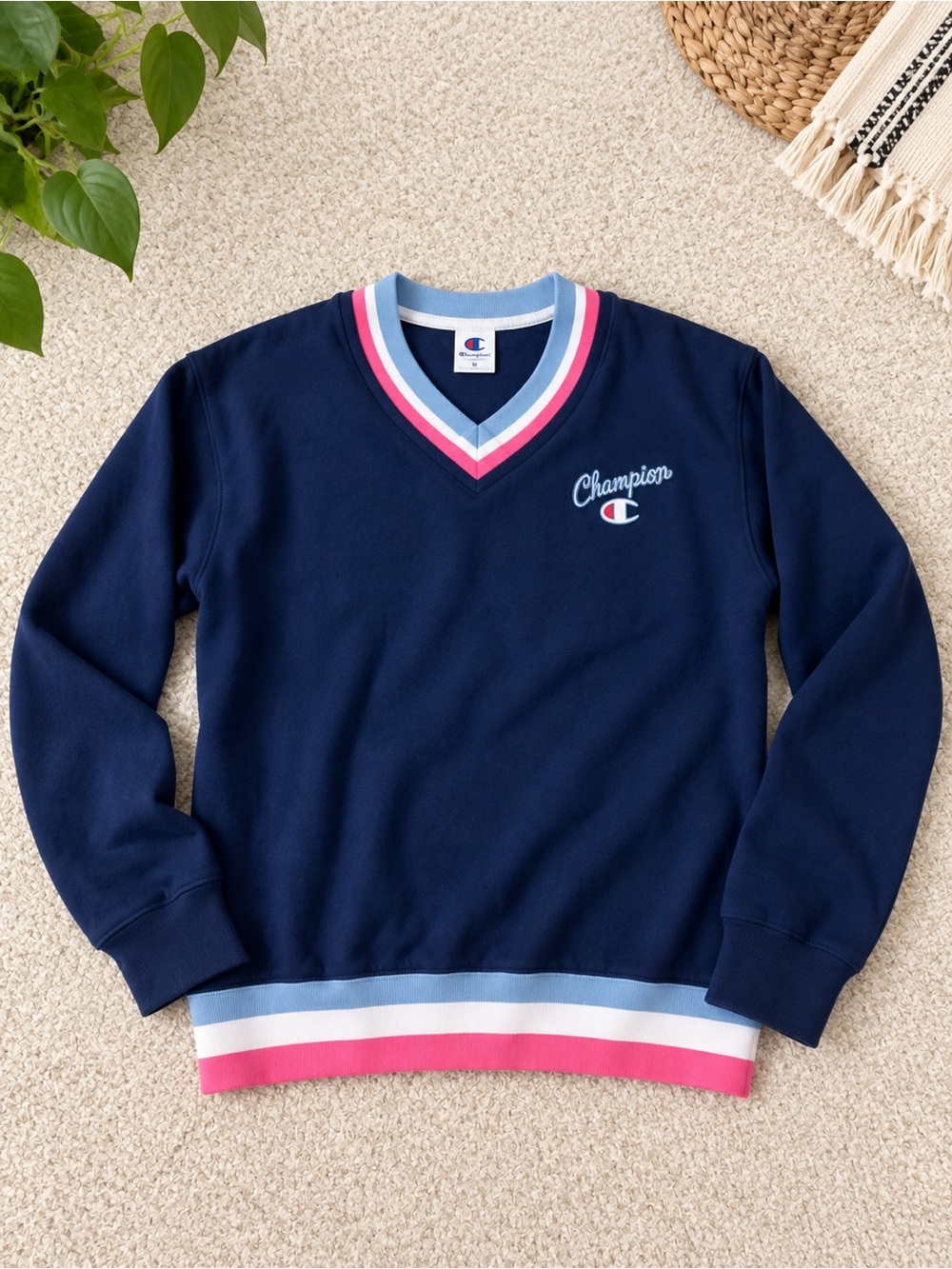 Champion Navy V-Neck Sweater with Pink & Light Blue Trim